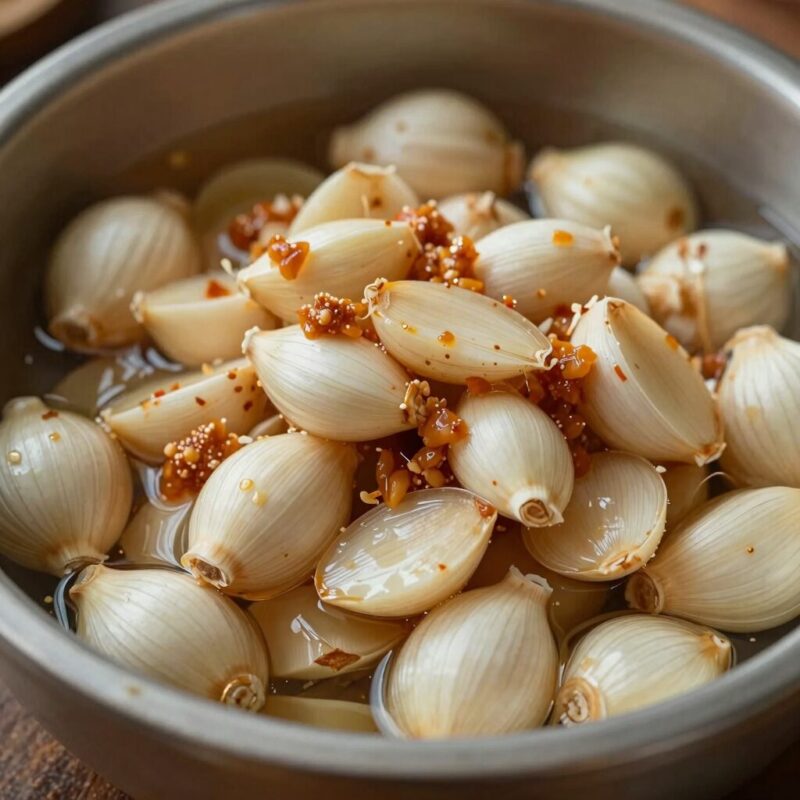 완성된 마늘장아찌의 아삭하고 윤기 나는 모습. 깐마늘에 간장물이 잘 배어 색깔이 진하고 식욕을 돋운다.