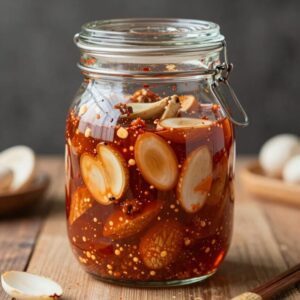 완성된 간장 마늘종 장아찌가 담긴 유리병 모습