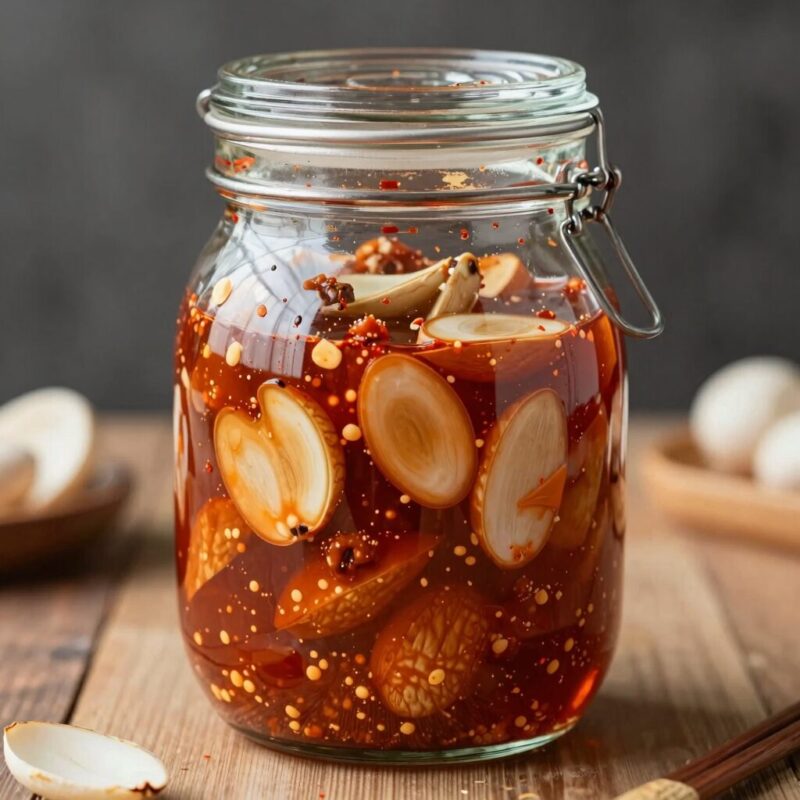 마늘종장아찌 황금비율 레시피 1 완성된 간장 마늘종 장아찌가 담긴 유리병 모습