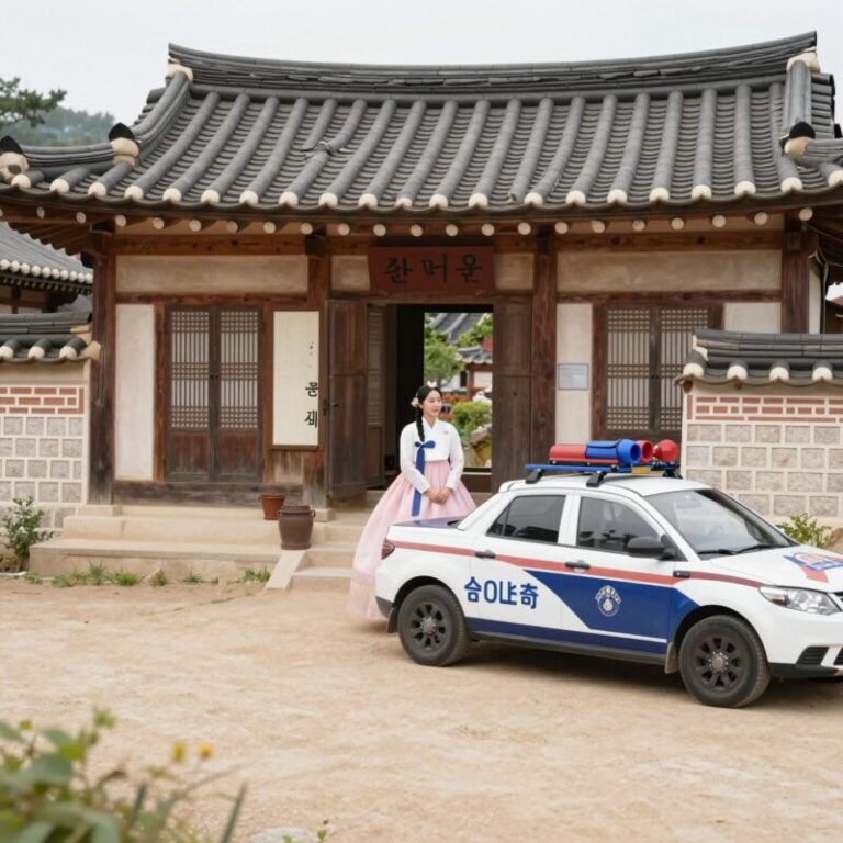 北村韩屋景区内演员金奎丽住宅外观 周围传统韩屋与警车