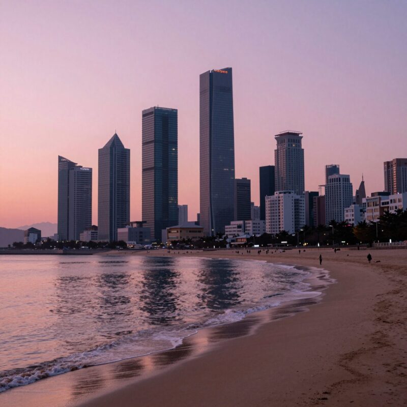 해운대해수욕장 2026 완벽 즐기기 1 해운대 해변에서 바라본 일몰 풍경, 핑크빛 하늘과 고층 빌딩이 어우러진 모습