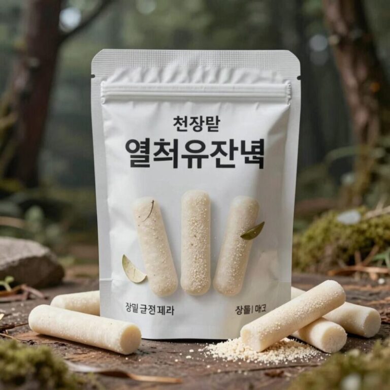 열처리유산균 분말이 담긴 스틱 패키지와 장 건강을 상징하는 배경 이미지