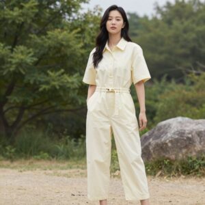 2026 봄여름 점프수트를 입은 여성이 밝은 야외에서 포즈를 취하고 있는 모습. 와이드 핏과 허리끈 디테일이 잘 보인다.