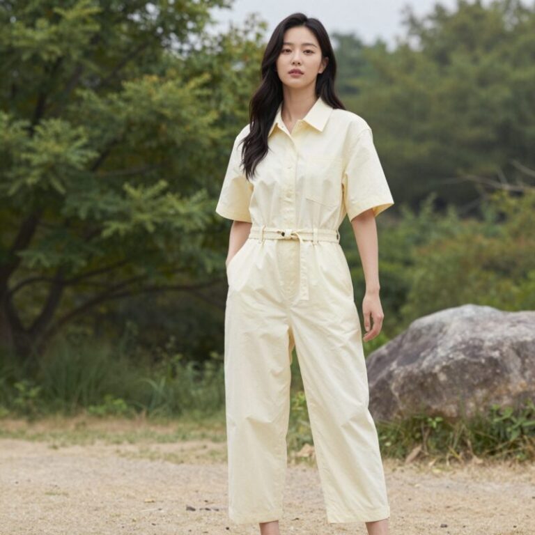 2026 봄여름 점프수트를 입은 여성이 밝은 야외에서 포즈를 취하고 있는 모습. 와이드 핏과 허리끈 디테일이 잘 보인다.