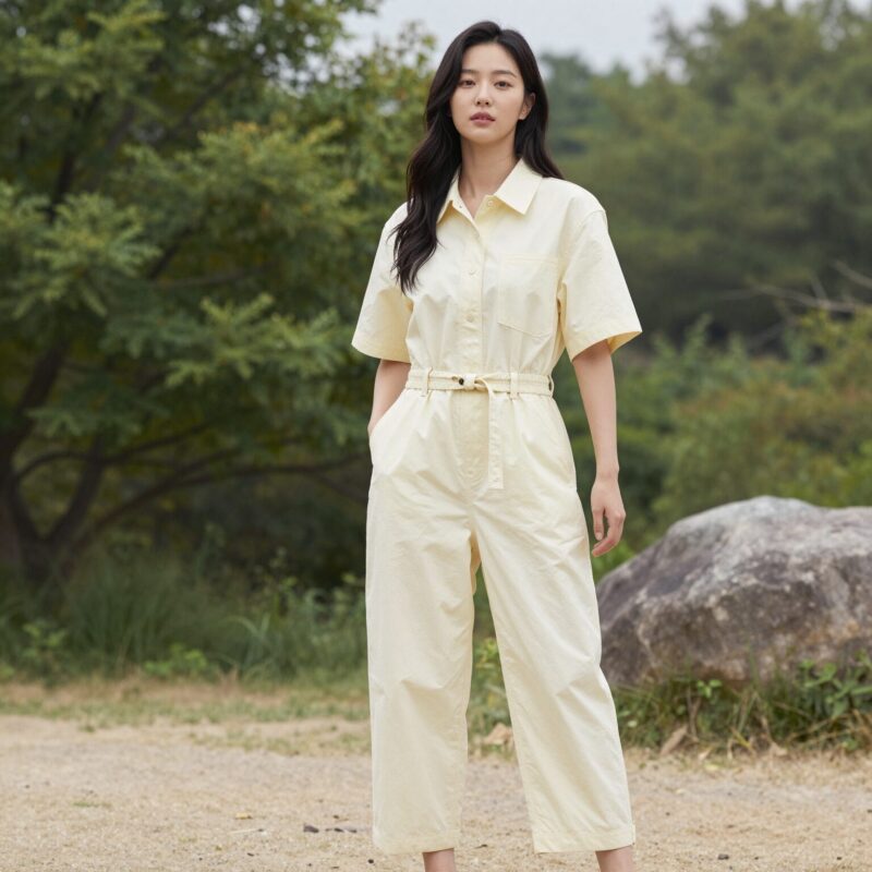 점프수트 완전 정복 2026 1 2026 봄여름 점프수트를 입은 여성이 밝은 야외에서 포즈를 취하고 있는 모습. 와이드 핏과 허리끈 디테일이 잘 보인다.