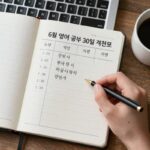 6월 영어 공부 30일 집중 루틴 6월 영어 공부 30일 계획표와 책상 위 노트북, 커피 이미지