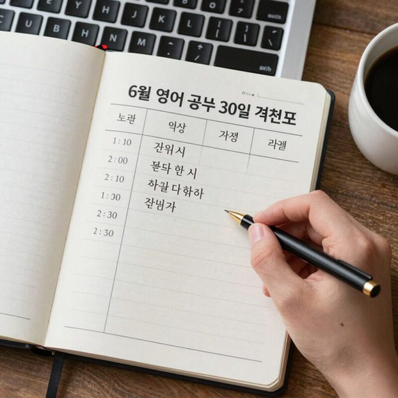 6월 영어 공부 30일 집중 루틴 1 6월 영어 공부 30일 계획표와 책상 위 노트북, 커피 이미지