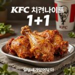 KFC 1+1 시간 메뉴 가격 할인 정보 KFC 치킨나이트 1+1 메뉴로 구성된 핫크리스피통다리와 갓양념통다리 접시에 담긴 사진