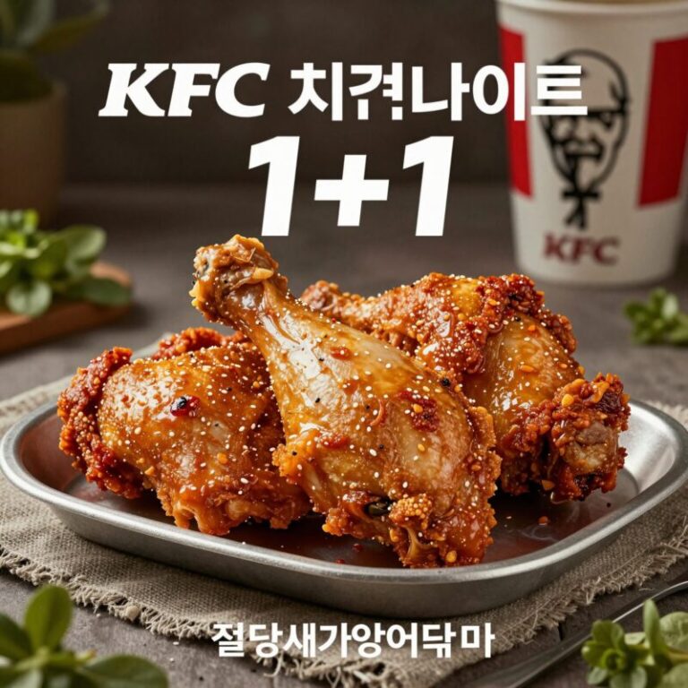 KFC 치킨나이트 1+1 메뉴로 구성된 핫크리스피통다리와 갓양념통다리 접시에 담긴 사진