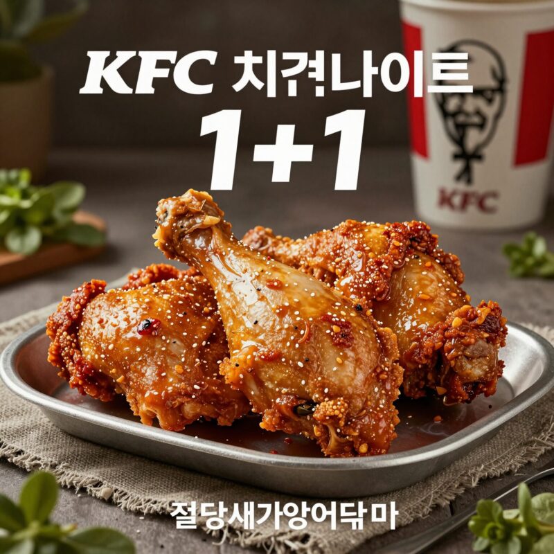 KFC 1+1 시간 메뉴 가격 할인 정보 1 KFC 치킨나이트 1+1 메뉴로 구성된 핫크리스피통다리와 갓양념통다리 접시에 담긴 사진