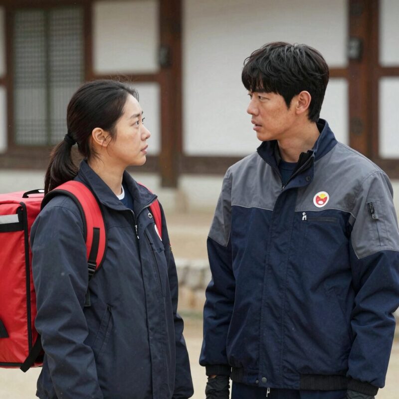김규리 출연 영화 풍산개 윤계상과 남북 1 김규리와 윤계상이 출연한 영화 풍산개의 한 장면, 북한 여성 인옥과 배달부 산이의 긴장감 있는 모습