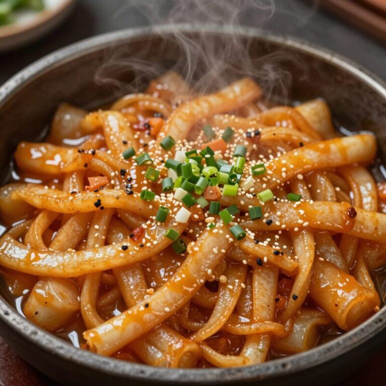 김신영 스타일 긴 떡볶이 완성 접시에 담겨 있는 모습