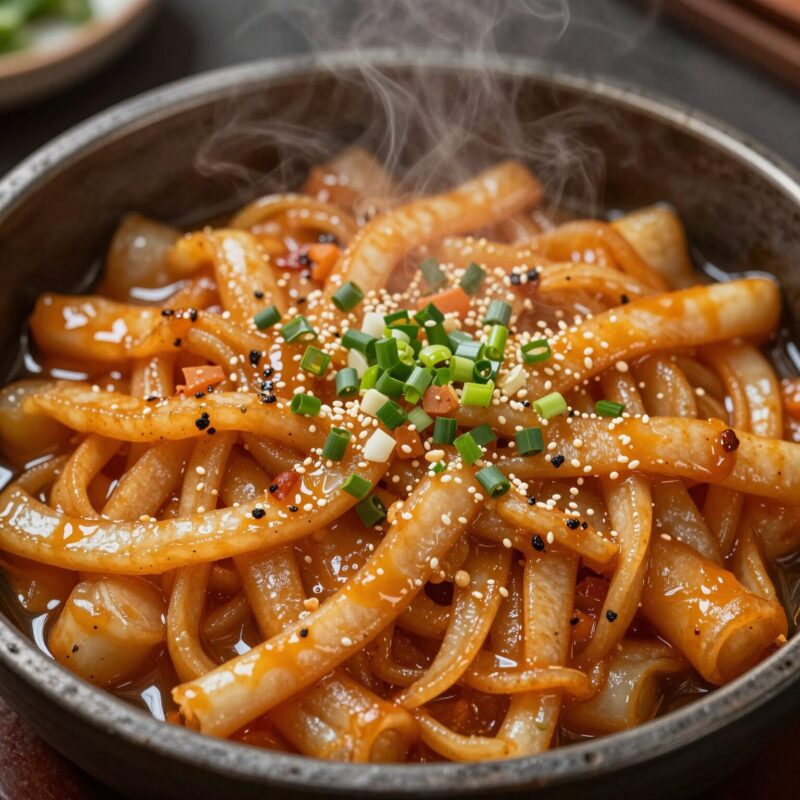 김신영 떡볶이 소스 비법 1 김신영 스타일 긴 떡볶이 완성 접시에 담겨 있는 모습
