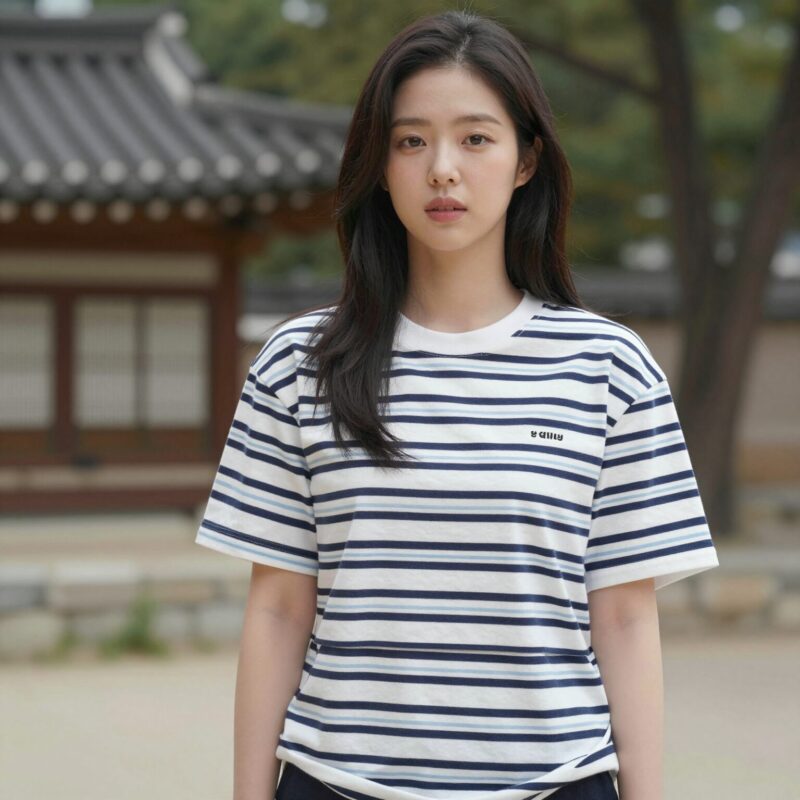 이주연이 착용한 클로브 멀티 스트라이프 긴팔 티셔츠 데일리룩
