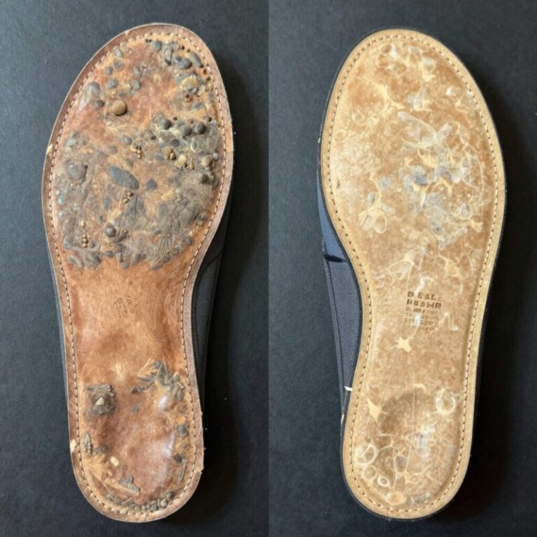 명품 슬리퍼 밑창보강 전후 비교 사진. 왼쪽은 마모된 가죽 밑창, 오른쪽은 비브람 보강 후 깔끔한 밑창