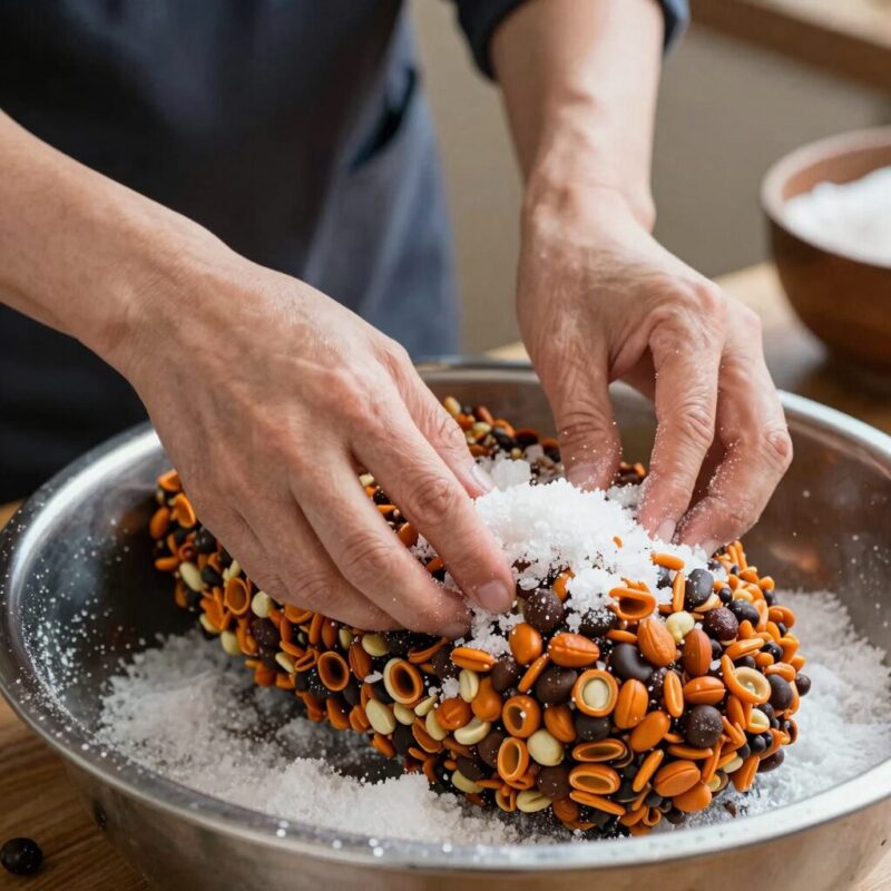 매실장아찌 아삭하게 담그기 1 매실장아찌 만들기 과정에서 깐매실과 설탕을 버무리는 모습