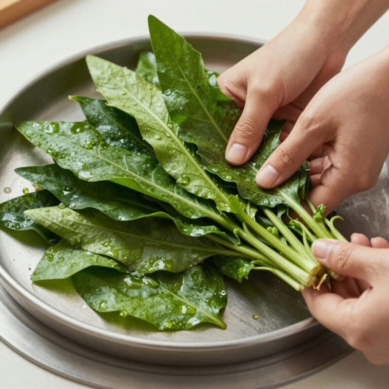 신선한 뽕잎을 깨끗이 씻어 채반에 말리는 모습, 뽕잎차 만들기 첫 단계