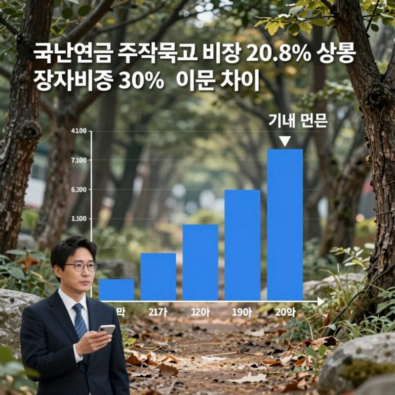 국민연금 주식 목표 비중 20.8% 상향과 실제 비중 30%의 차이를 보여주는 그래프, 기계적 매도 부담 완화를 강조