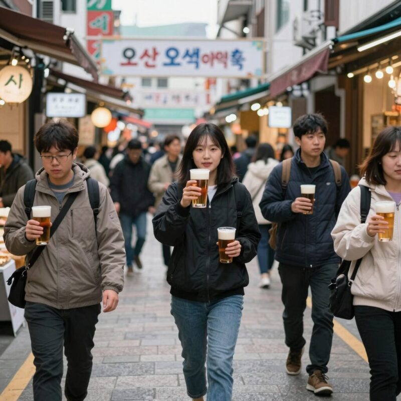 6월 경기도 가볼만한곳 5선 1 오산 오색시장 야맥축제에서 사람들이 수제맥주를 들고 골목을 거니는 모습