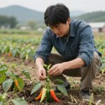 고추순따기와 풋고추 요리 텃밭에서 고추순을 따는 작업 모습
