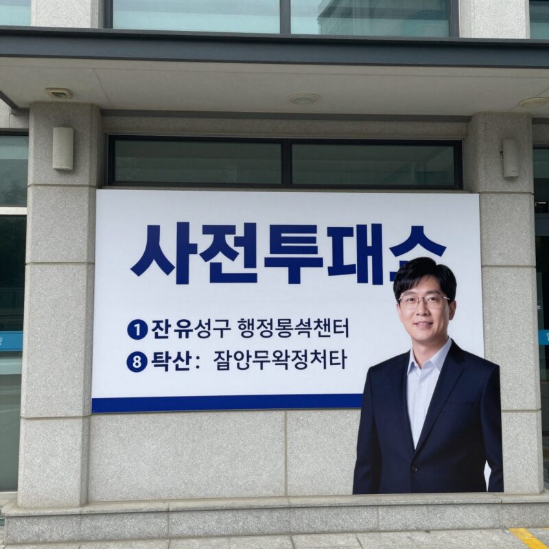 사전투표소 입구 현수막과 안내 표지판, 대전 유성구 행정복지센터