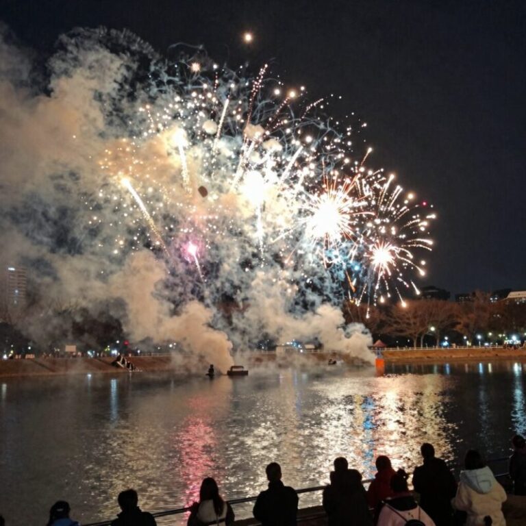 세종호수공원에서 펼쳐지는 낙화축제의 불꽃이 밤하늘과 호수 위로 흩날리는 모습