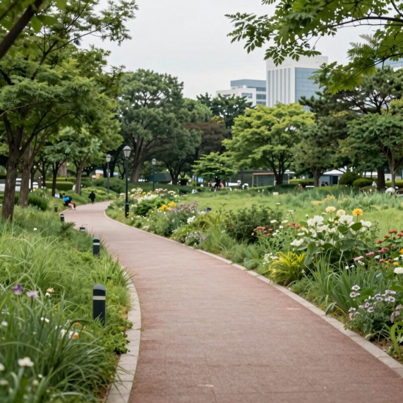 서소문 고가 철거 후 조성된 서소문 공원의 전경으로 녹지와 보행로가 잘 조성되어 있다