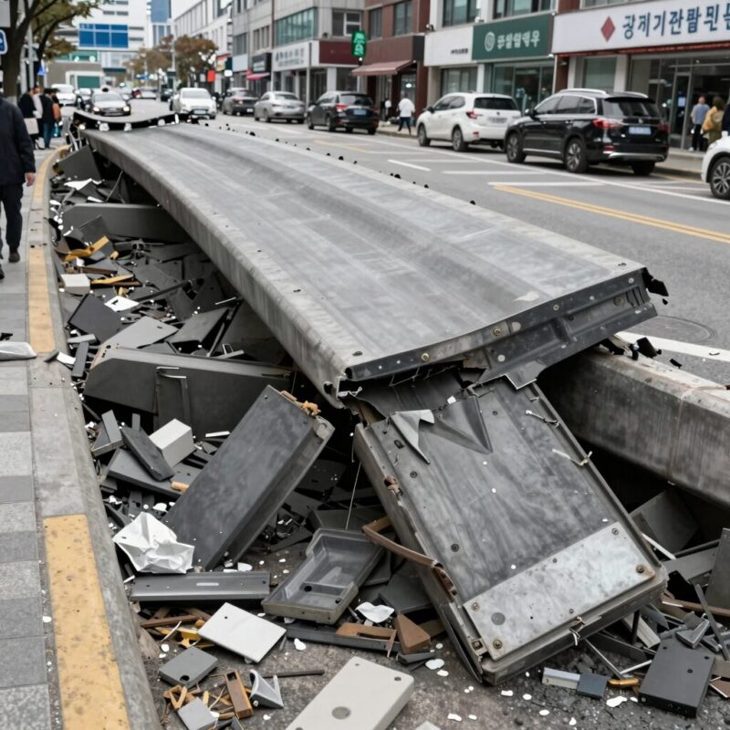 서소문 고가 붕괴 참사 전말 1 서소문 고가차도 붕괴 현장 모습, V자로 꺾인 상판과 잔해