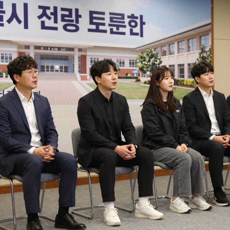 서울 교육감 후보 누구 1 서울시 교육감 선거 후보자들이 토론회에서 열띤 논쟁을 벌이고 있는 모습, 배경에는 서울 시청과 학교 이미지가 합성되어 있다