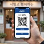서울페이 사용법 사용처 조회 서울페이 앱으로 QR코드 결제하는 화면, 스마트폰 카메라로 가맹점 QR을 스캔하는 모습
