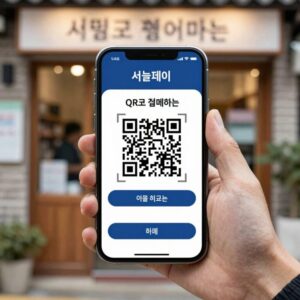 서울페이 앱으로 QR코드 결제하는 화면, 스마트폰 카메라로 가맹점 QR을 스캔하는 모습