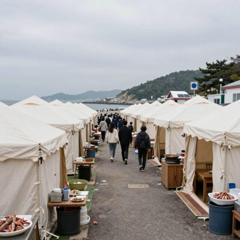 속초 동명항 오징어 난전 천막 식당들이 길게 늘어선 전경
