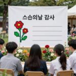 스승의날 감사 쪽지로 만든 카네이션 픽셀아트 포토존을 만드는 학생들