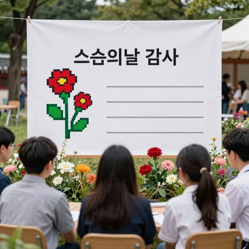 스승의날 감사 쪽지로 만든 카네이션 픽셀아트 포토존을 만드는 학생들