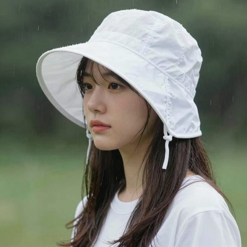 여름비니 스타일링과 추천 1 여름비니를 착용한 여성의 깔끔한 데일리 코디, 화이트 롱비니가 포인트