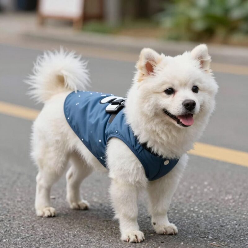 강아지가 시원한 여름옷을 입고 산책하는 모습