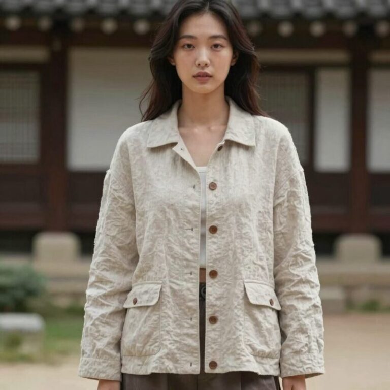 여성 여름 린넨 자켓 세미 루즈핏 실루엣을 보여주는 이미지