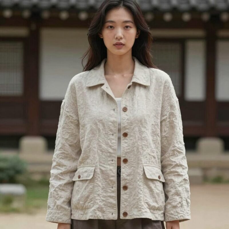여름 린넨 자켓 시원하게 입는 법 1 여성 여름 린넨 자켓 세미 루즈핏 실루엣을 보여주는 이미지