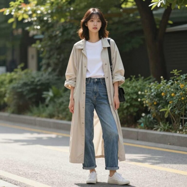 여름 롱가디건을 어깨에 걸쳐 레이어드한 스타일링 예시