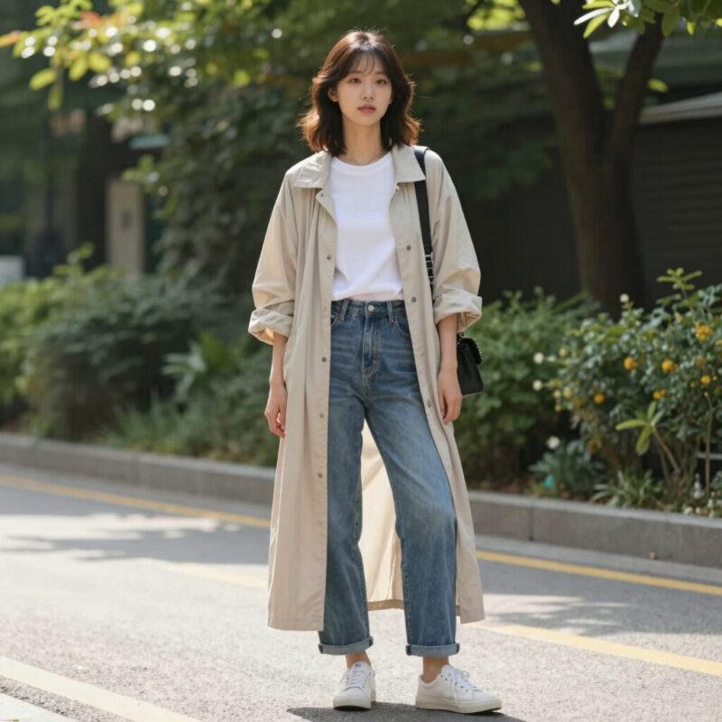 여름 롱가디건을 어깨에 걸쳐 레이어드한 스타일링 예시