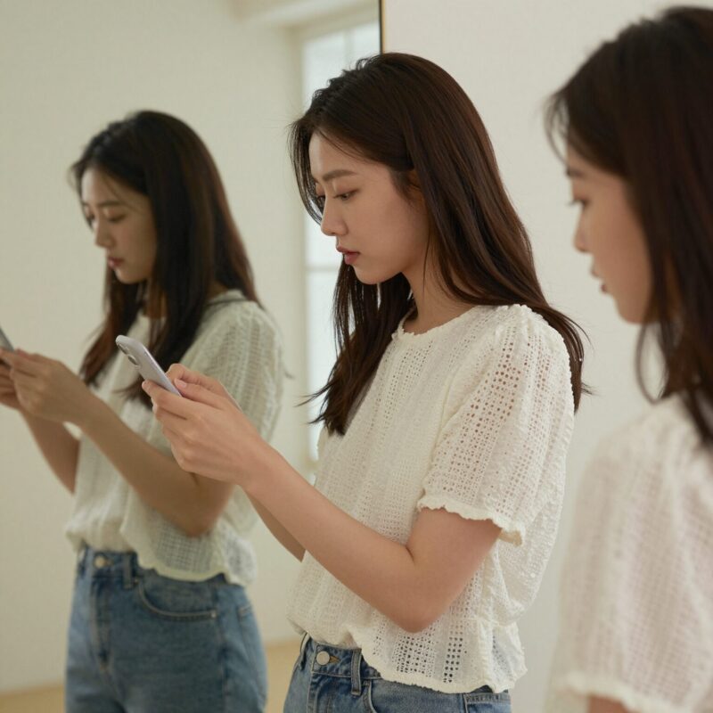 여름 펀칭블라우스 시원함과 스타일 모두 잡는 비결 1 여름 펀칭블라우스를 입은 여성이 거울 앞에서 핏을 확인하는 모습