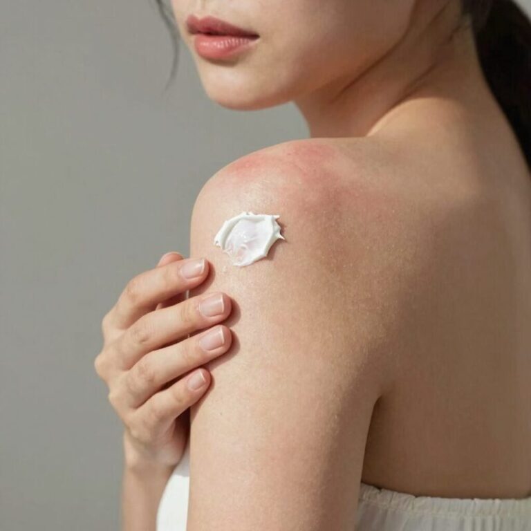 햇빛알레르기로 붉어진 피부에 진정 크림을 바르는 모습
