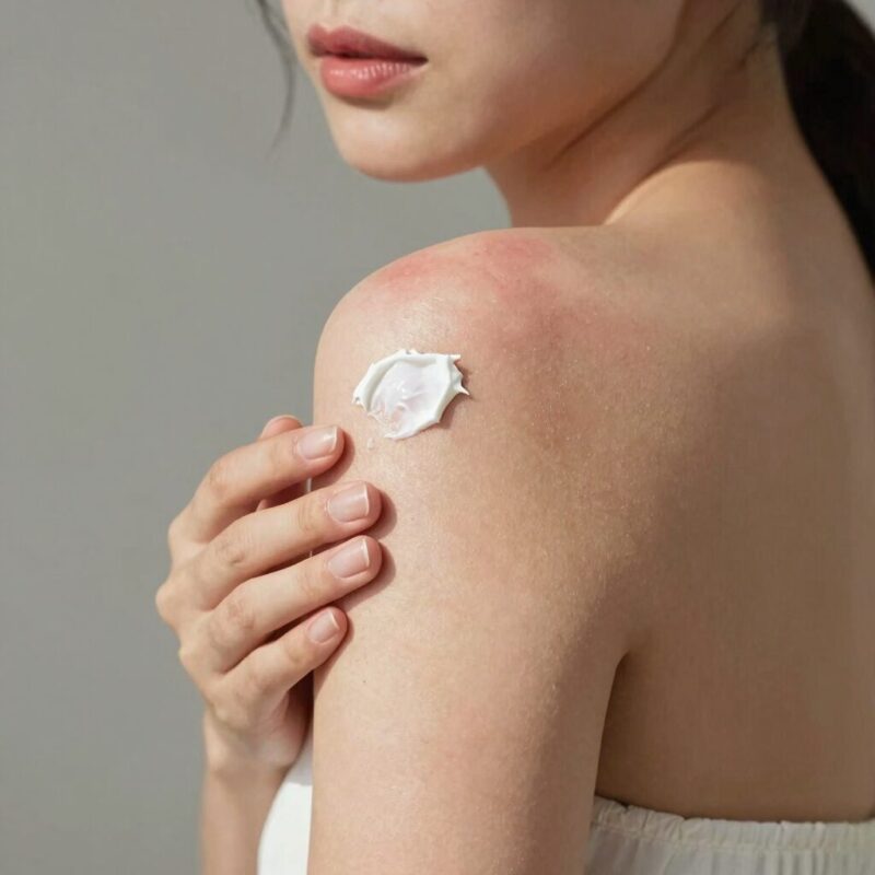 햇빛알레르기 피부 진정 루틴 1 햇빛알레르기로 붉어진 피부에 진정 크림을 바르는 모습