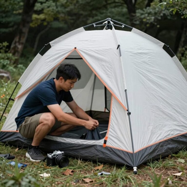 태풍 대비 장박캠핑 텐트 설치와 팩 고정 모습