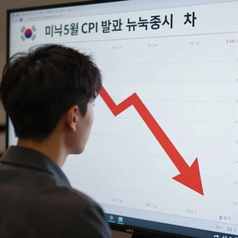 미국 5월 CPI 발표 후 급락하는 뉴욕증시 차트와 하락 화살표