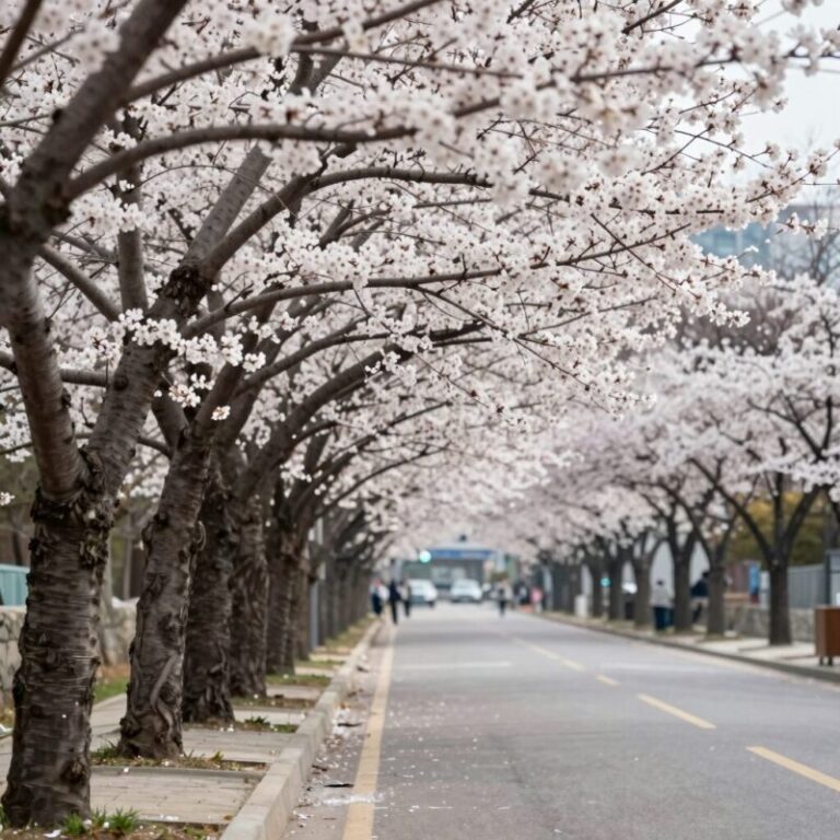대전 유성온천로를 따라 심어진 이팝나무 가로수가 만개한 모습, 흰 꽃이 터널처럼 이어져 있다