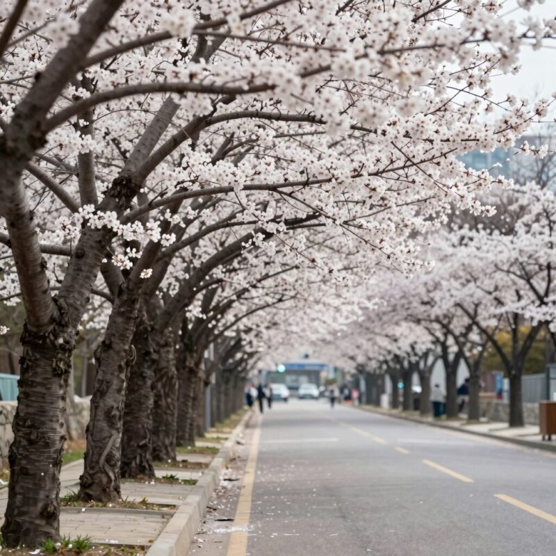 대전 유성온천로를 따라 심어진 이팝나무 가로수가 만개한 모습, 흰 꽃이 터널처럼 이어져 있다