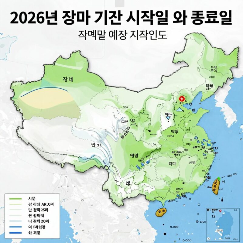 2026년 장마 기간 지역별 예상 시작일과 종료일을 지도로 표시한 그림