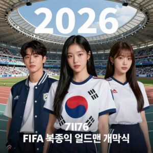 2026 FIFA 북중미 월드컵 개막식 포스터에 스타디움과 K팝 아티스트가 어우러진 이미지