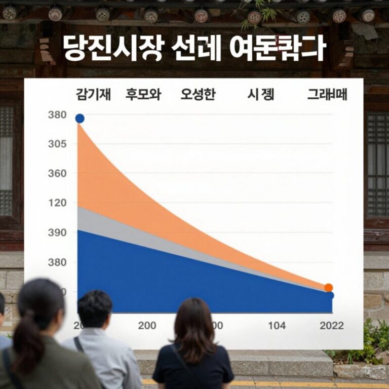 당진시장 선거 여론조사 결과 그래프. 김기재 후보와 오성환 시장의 지지율 격차를 보여주는 차트.
